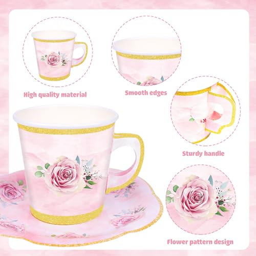 50 Pcs Pink Floral Disposable Tea Cups & Saucer Sets with Gold Rim for Parties - Serve 25 Guests