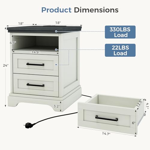 Farmhouse Nightstand with Charging Station, 2 Drawers and Open Shelf