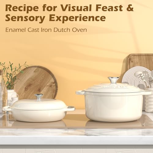 5QT Enameled Cast Iron Dutch Oven Pot with Lid & Potholders - Cream White