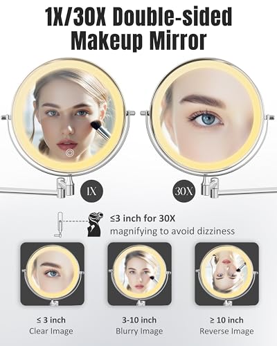 Vpu 8 Inch Wall Mounted Magnifying Makeup Mirror with Light - Chrome, 30X/1X