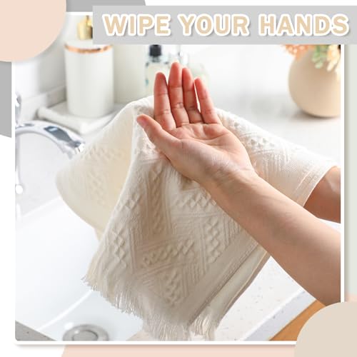 4 Pack Boho Waffle Hand Towels - 14x30 Inch Cream Turkish Cotton Set