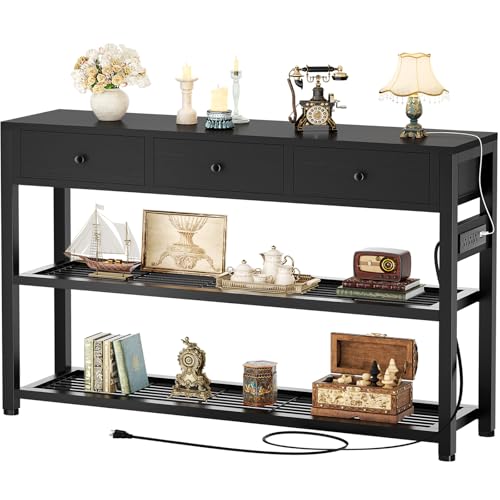 47-Inch Console Table with Drawers, Charging Outlets, and Storage Shelves