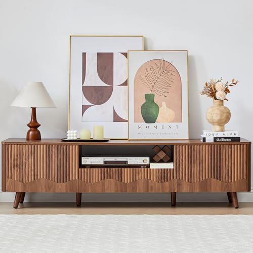 Fluted Wave TV Stand and Lift-Top Coffee Table Set, Walnut Brown