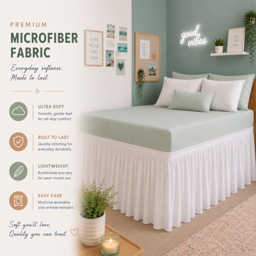 Twin XL Wrap Around Bed Skirt - 42 Inch Drop Elastic Dust Ruffle (White)