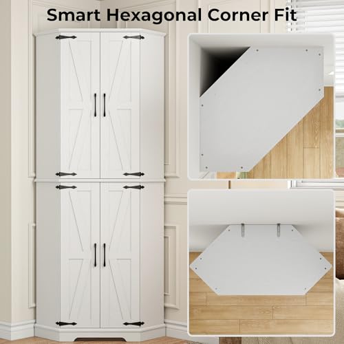 72-Inch Farmhouse Corner Pantry Cabinet with 6-Tier Adjustable Shelving