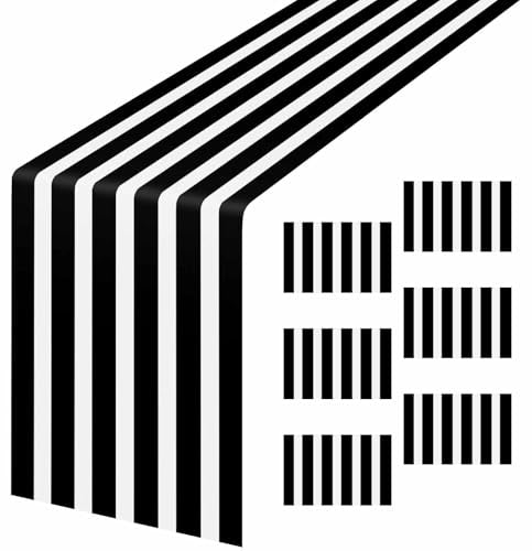 AVXINSOK Black and White Striped Plastic Disposable Table Runner - 6 Pack, 14x108 Inches