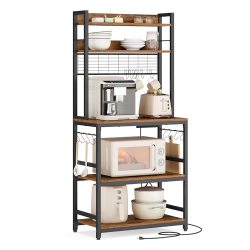 Industrial Bakers Rack with Power Outlet, Kitchen Microwave Storage Shelf