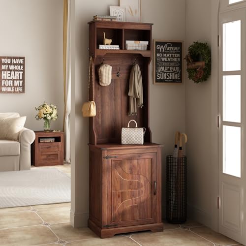 Farmhouse Hall Tree with Shoe Storage Bench, 6 Cubbies & 4 Coat Hooks, Brown