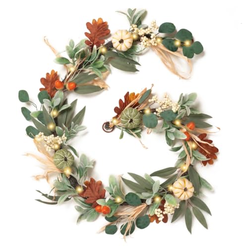6ft Pre-Lit Fall Garland with Pumpkins & Warm LED Lights for Mantle