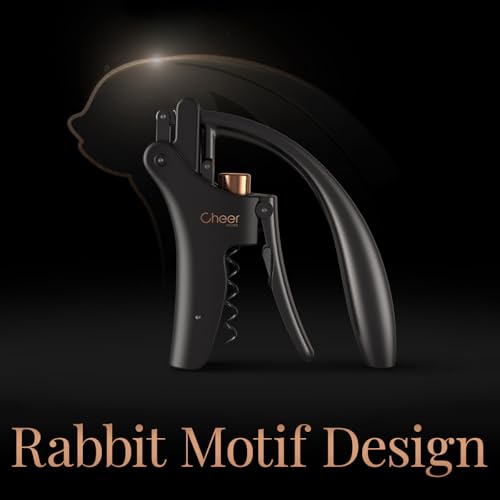 CHEER MODA Matte Black Lever Wine Opener with Rabbit Motif – Corkscrew & Foil Cutter, Replacement Screw HK03