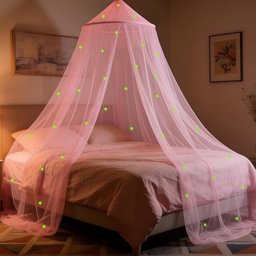 Pink Princess Bed Canopy with Glow-in-the-Dark Stars - Round Dome Curtain