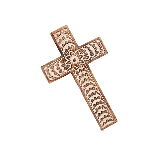 Handcrafted Mango Wood Floral Cross Wall Decor, 10-Inch Religious Art