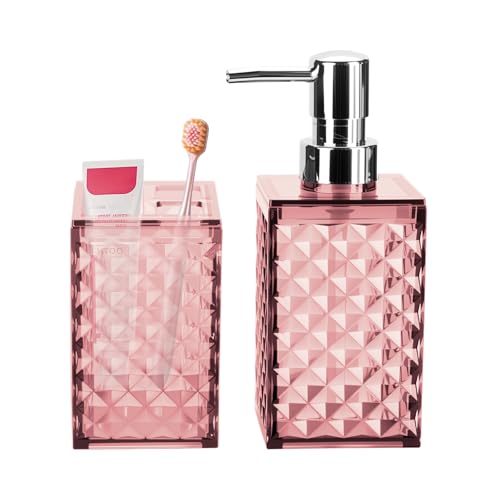 2-Piece Pink Bathroom Accessory Set, Diamond Pattern Soap Dispenser