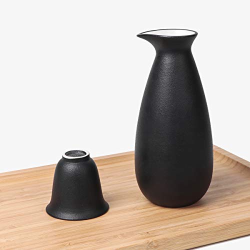 Ceramic Sake Set with Warmer Pot and Bamboo Tray - Traditional Japanese Drinking Kit 11-Piece