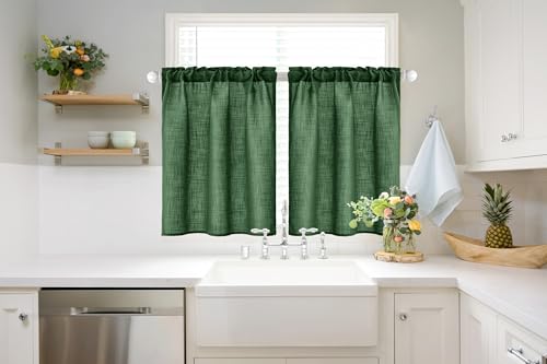 MIULEE Emerald Green 26x30 inch Linen Blend Tier Curtains, 2 Panels for Kitchen/Bathroom