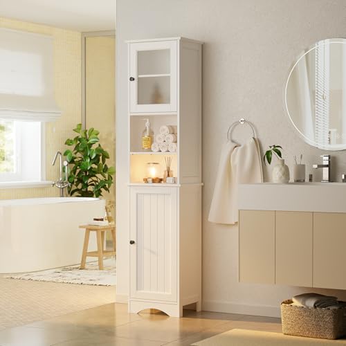 67-inch Tall Bathroom Storage Cabinet with Adjustable Shelves & Glass Doors