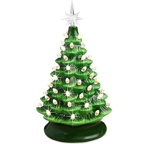 15in Ceramic Christmas Tree with Warm White Lights & Star Toppers - Green, Hand-Painted Holiday Decor