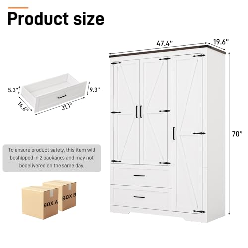 Farmhouse Wooden Wardrobe Armoire with 3 Doors and 2 Drawers, 70.1-Inch