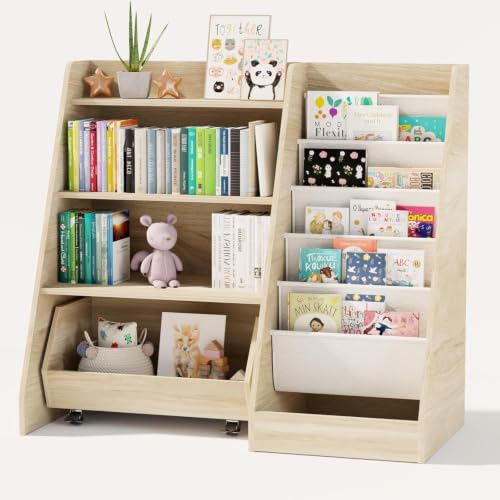 4-Tier Kids Bookshelf and Toy Storage Organizer with Rolling Drawer, Oak