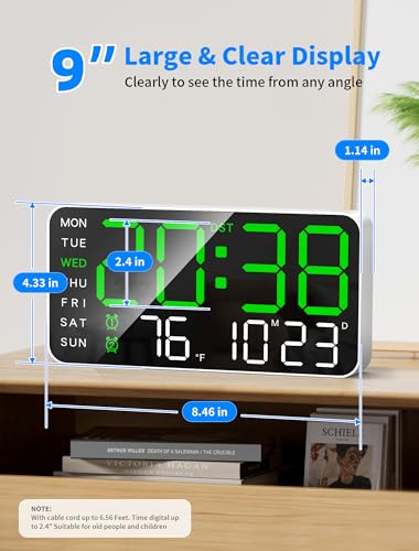 9.5-Inch Digital Alarm Clock with Large LED Display, Dual Alarms & Dimming