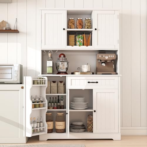 67" Tall Kitchen Pantry Cabinet with Coffee Bar Hutch & Storage - White