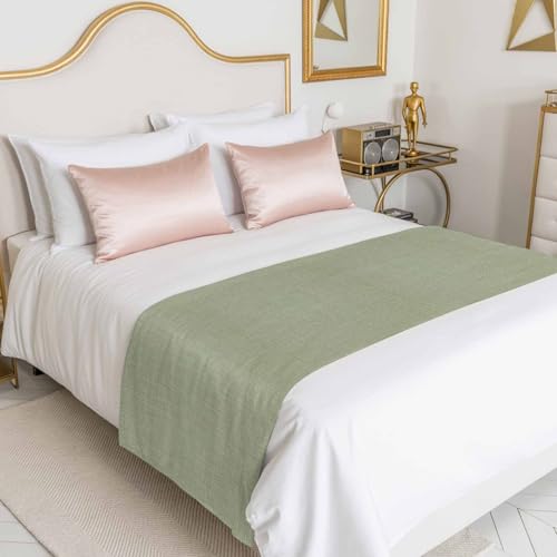 Sage Green Burlap Texture Bed Runner Scarf - 71x20 In Farmhouse Decor