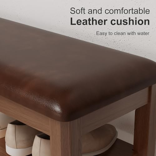 3-Tier Rubberwood Shoe Storage Bench with PU Leather Cushion