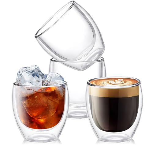 8oz Set of 4 Double Walled Borosilicate Glass Coffee Mugs - Insulated Hot Beverage Cups