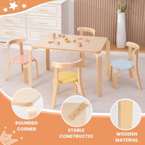 Kids Wooden Table and 4 Chairs Set - Natural & Pastels, Toddler Furniture for Playroom & Home