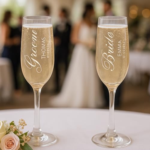 Personalized Champagne Flutes Set of 2, Custom Engraved Stemmed Glasses