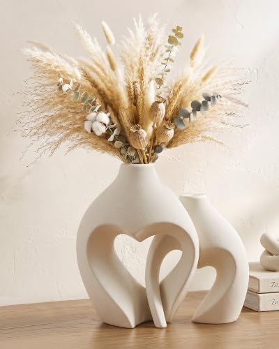 White Ceramic Heart-Shaped Vase Set of 2 - Boho Minimalist Table Centerpiece