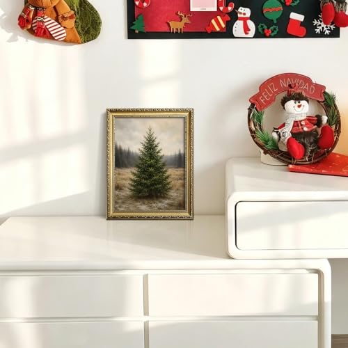 A-Tree Framed 10x8 Vintage Gold Christmas Tree Wall Art — Rustic Winter Canvas Print