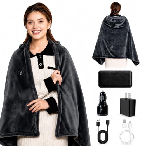 Cordless Heated Blanket with Hood - Rechargeable Wearable Heated Throw