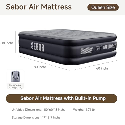 Queen Air Mattress with Built-in Pump - 18" Self-Inflating Blow Up Bed