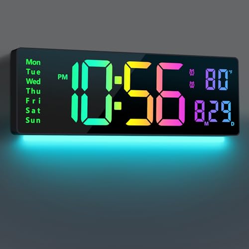 16" Large Digital Wall Clock with Remote Control - 11 RGB Colors & Night Light