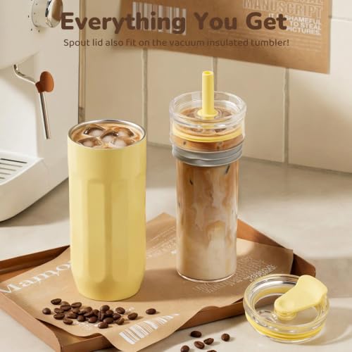 Yellow 18 oz Vacuum Insulated Glass Tumbler with Straw & Spout Lids - Keeps Drinks Cold 12H