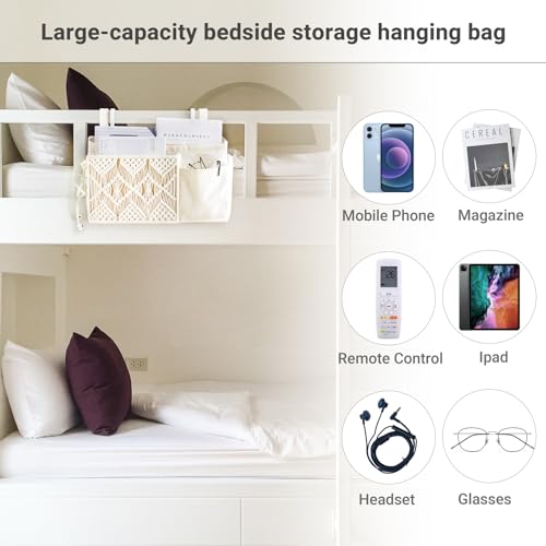 Macrame Bedside Hanging Organizer with 4 Pockets and Metal Hooks