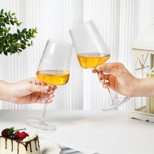Qinyoung Set of 6 Modern Crystal Ribbed Wine Glasses 17oz for Red White Champagne