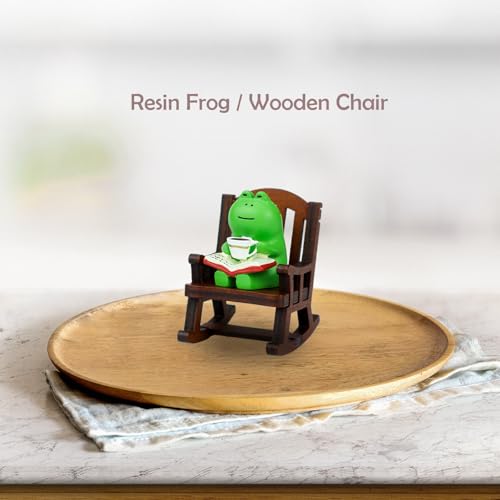 Mini Frog Figurine with Wooden Rocking Chair Desk Ornament Decor