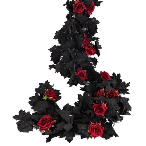 Artificial Black Maple & Red Rose Garland - 5.7ft Hanging Vine (2 Pack)