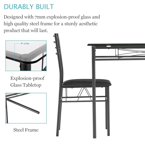 5-Piece Glass Dining Table Set for 4 with Upholstered Chairs, Black