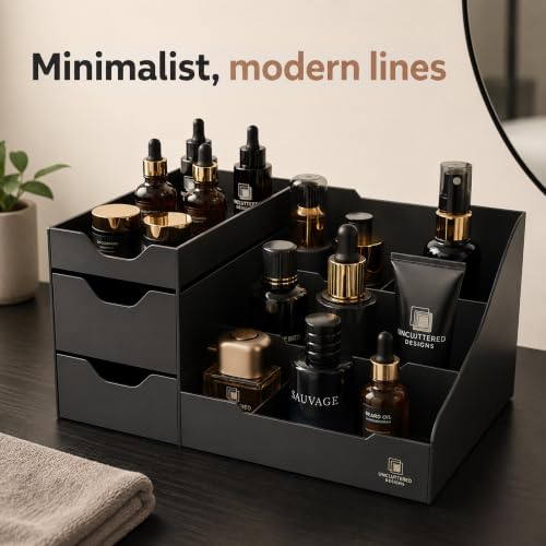 Uncluttered Designs Black Mens Cologne Organizer with Drawers | Dresser Countertop Storage