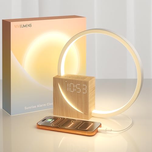 Vivilumens Sunrise Alarm Clock with Sound Machine - Wooden Grain, Dual Alarms, Gentle Wake-Up, USB Charging