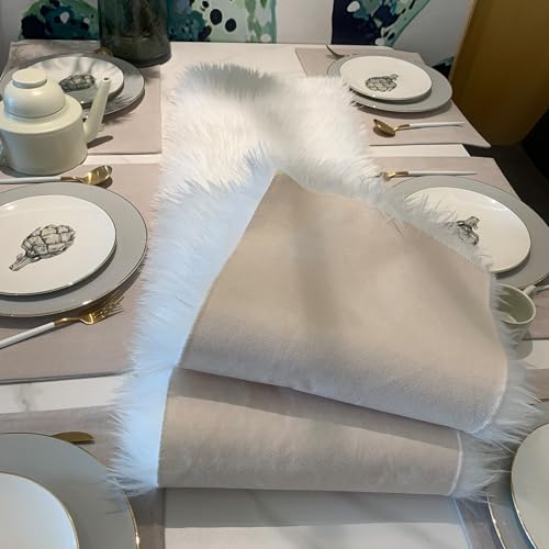 White Faux Fur Table Runner 12x48 Inch Christmas Decor - KERTFGOKU