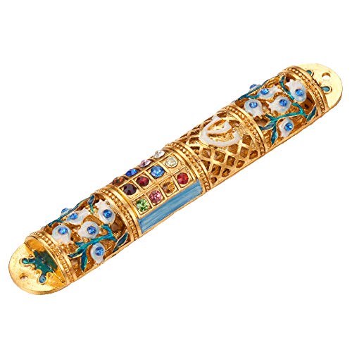 Decorative Enamel Mezuzah Case with Crystals and Gold Accents
