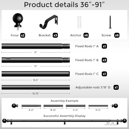 Black Heavy Duty Adjustable Curtain Rod, 1 Inch Metal Drapery Pole (36-91")
