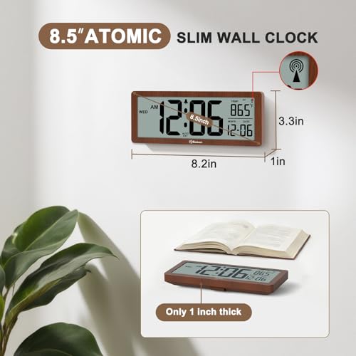 8.5-Inch Atomic Digital Wall Clock with Auto Nightlight and Date Display