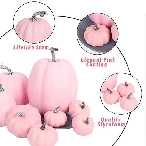 8-Piece Pink Artificial Pumpkin Set, Lifelike Foam Fall Table Decor
