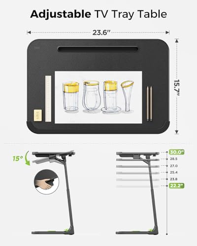 Adjustable Folding TV Tray Table with Leather Surface for Bed and Couch