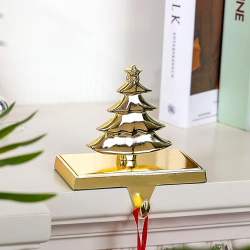 Amooca Christmas Stocking Hangers with Tree Decor, Non-Slip Metal Hooks, Gold, 1 Pack